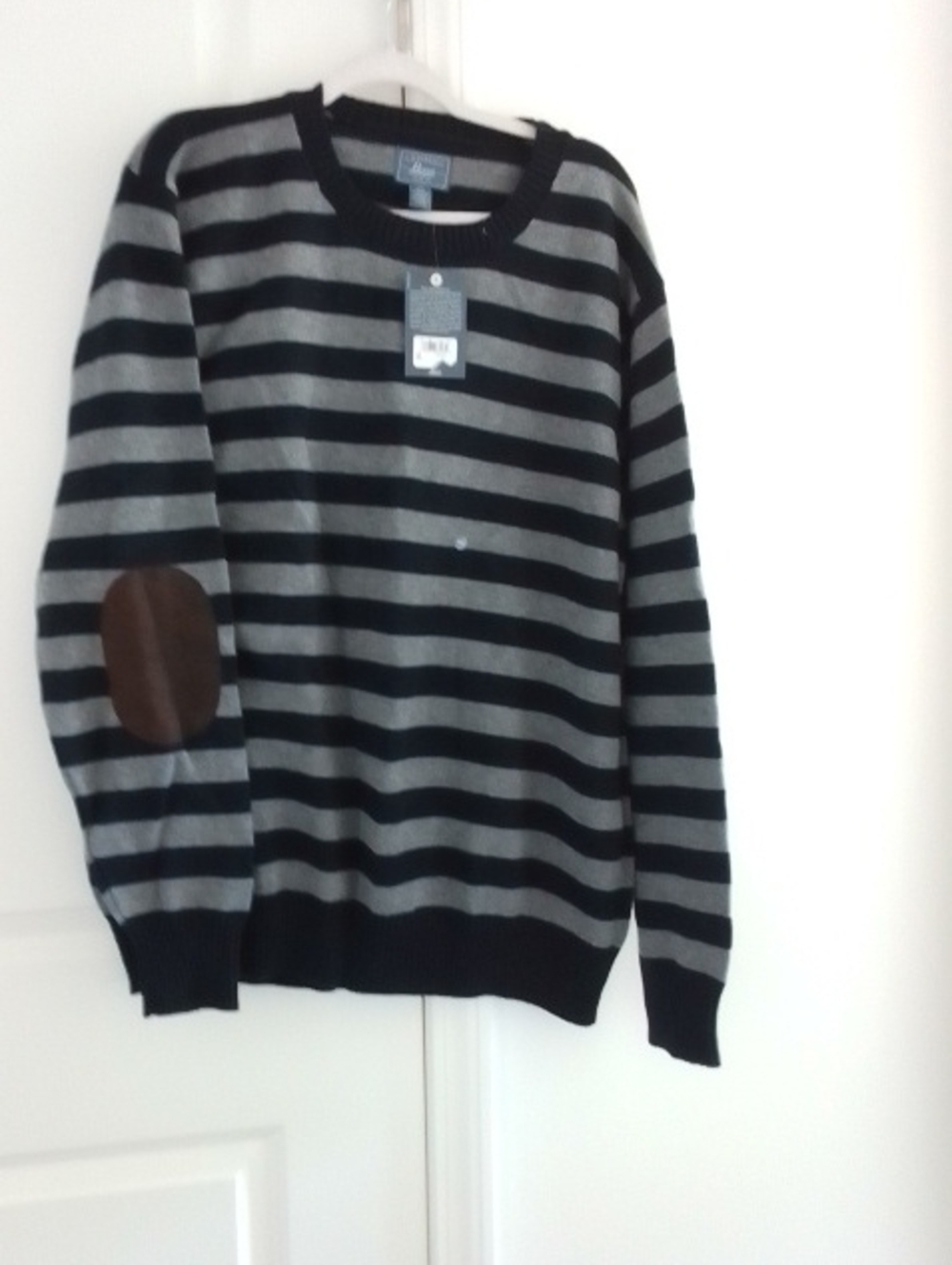 Striped Crewneck Sweater with Elbow Patches - Black & Gray